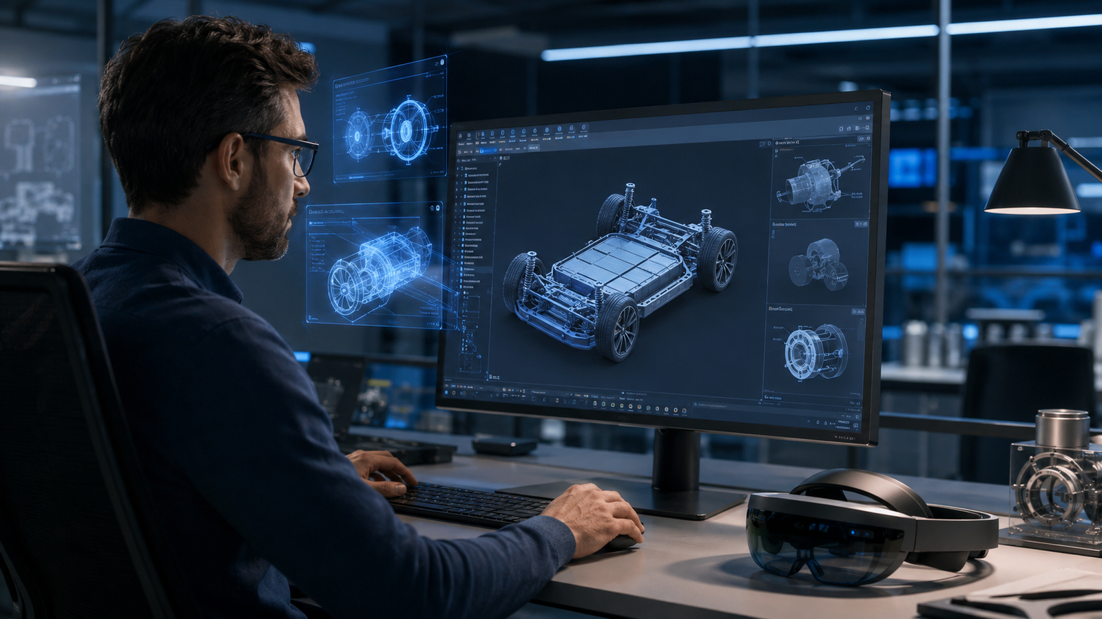 Engineer developing a vehicle platform in CAD with an augmented-reality headset nearby